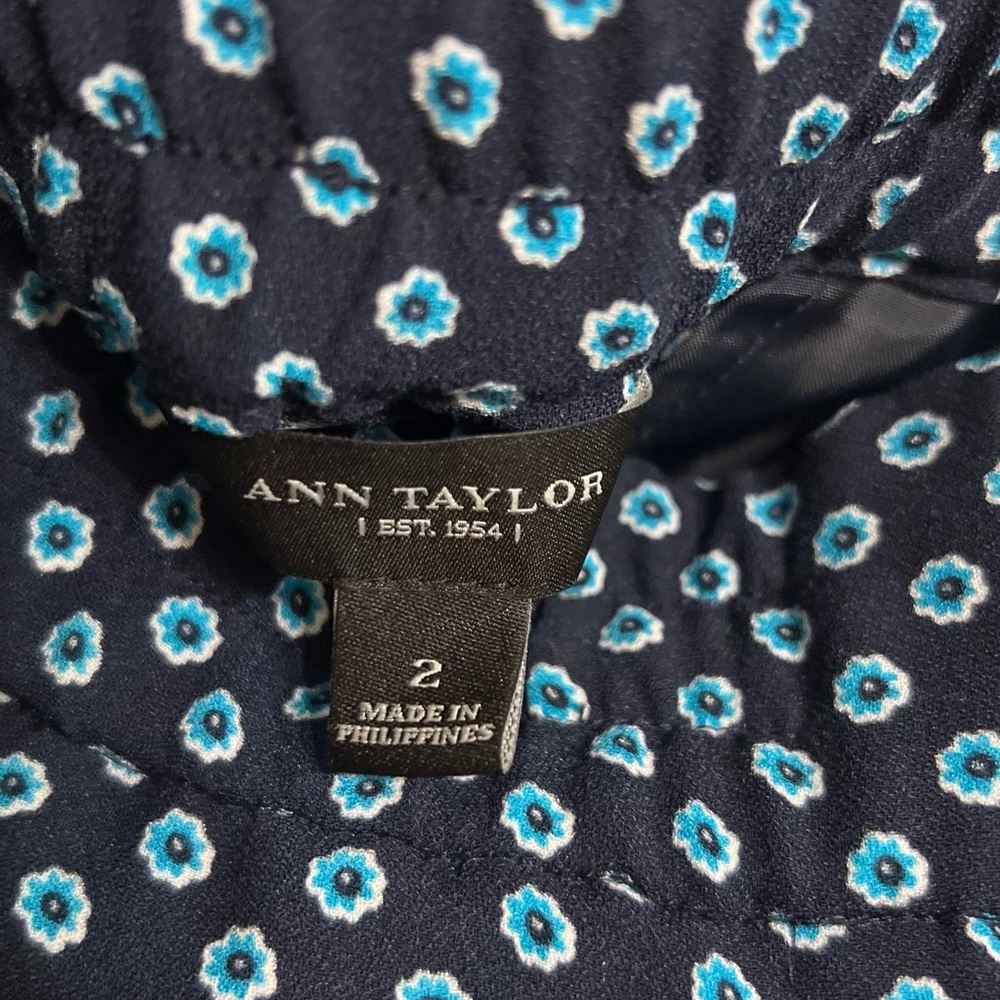 Ann Taylor Navy Shirt with Teal and White Floral Dots